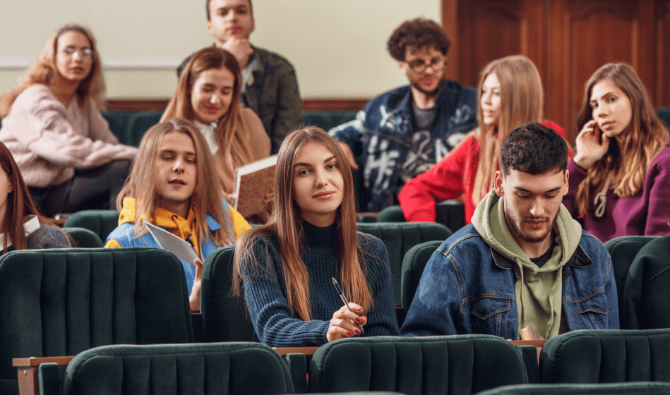 Students seated in a lecture hall